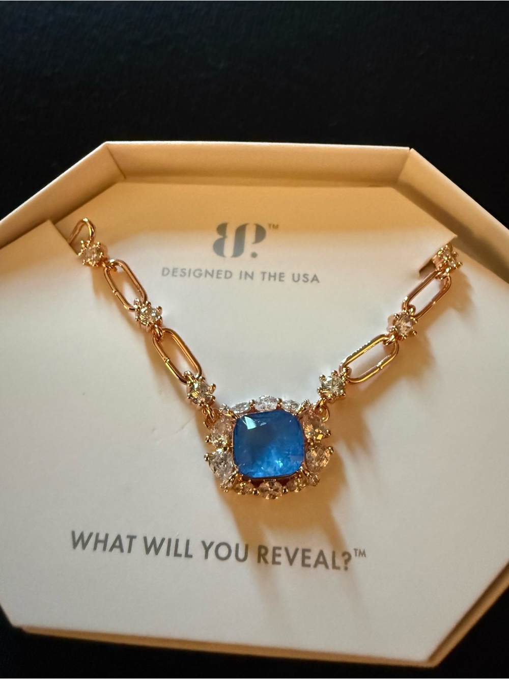 Blue Cushion Necklace with Gold Chain